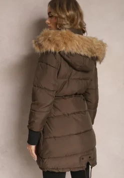 Brązowa Kurtka Taliowana z Kapturem i Odpinanymi Rękawami Raga