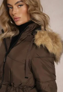 Brązowa Kurtka Taliowana z Kapturem i Odpinanymi Rękawami Raga