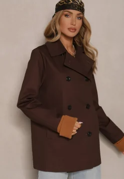 Brązowa Kurtka Trencz o Dwurzędowym Kroju z Ozdobnymi Mankietami Zibara