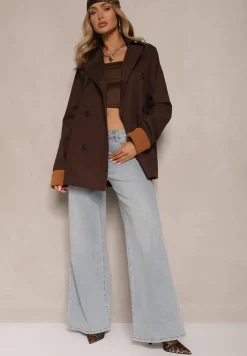 Brązowa Kurtka Trencz o Dwurzędowym Kroju z Ozdobnymi Mankietami Zibara