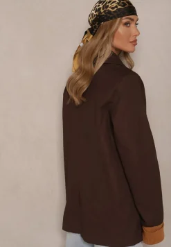 Brązowa Kurtka Trencz o Dwurzędowym Kroju z Ozdobnymi Mankietami Zibara