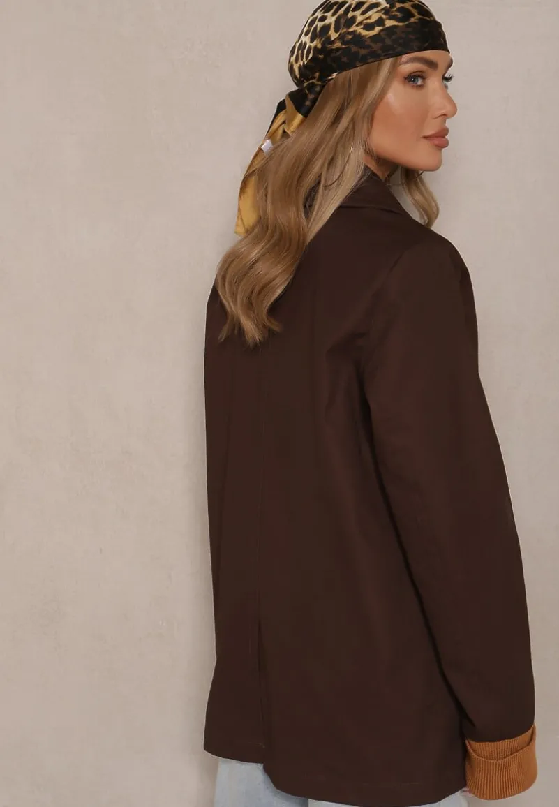 Brązowa Kurtka Trencz o Dwurzędowym Kroju z Ozdobnymi Mankietami Zibara