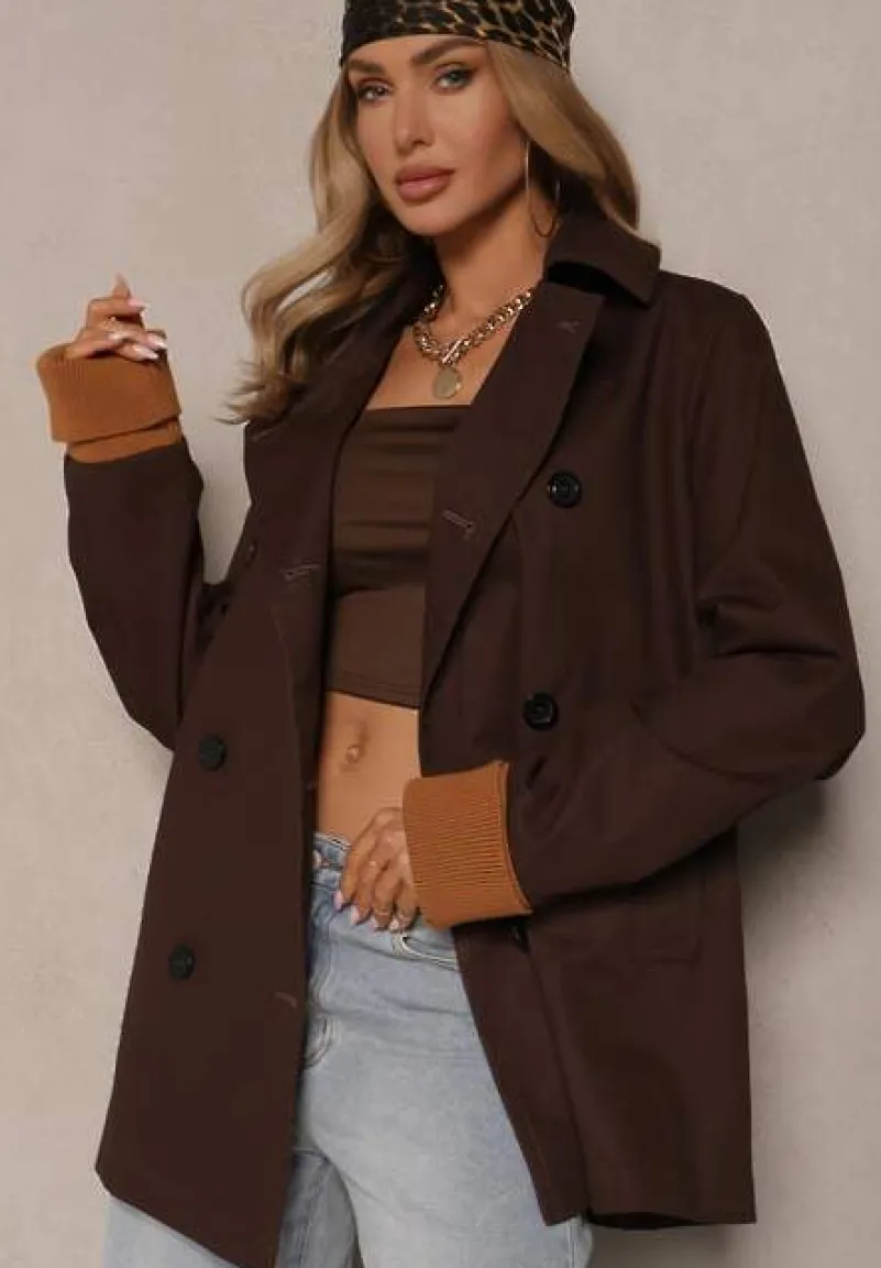Brązowa Kurtka Trencz o Dwurzędowym Kroju z Ozdobnymi Mankietami Zibara
