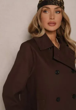 Brązowa Kurtka Trencz o Dwurzędowym Kroju z Ozdobnymi Mankietami Zibara