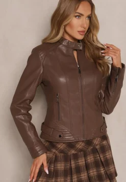 Brązowa Kurtka w Stylu Ramoneski Ozdobiona Tłoczeniem i Paskami Mirizola