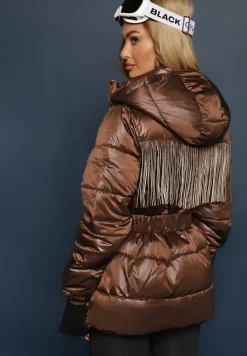 Brązowa Kurtka z Kapturem i Marszczonym Paskiem Zdobiona Frędzlami i Pikowaniem Sanathra