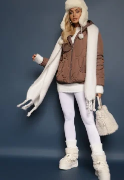 Brązowa Kurtka z Materiałowym Kapturem i Kieszeniami Zdobiona Pikowanymi Przeszyciami Ravathrias