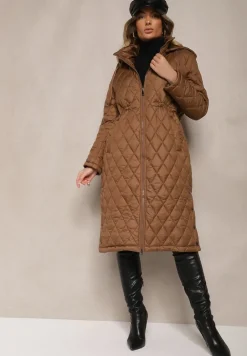 Brązowa Kurtka z Pikowanymi Przeszyciami w Kratkę oraz Wewnętrznymi Ściągaczami w Pasie Tiliona