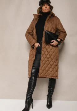 Brązowa Kurtka z Pikowanymi Przeszyciami w Kratkę oraz Wewnętrznymi Ściągaczami w Pasie Tiliona