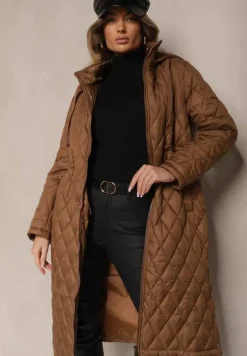 Brązowa Kurtka z Pikowanymi Przeszyciami w Kratkę oraz Wewnętrznymi Ściągaczami w Pasie Tiliona