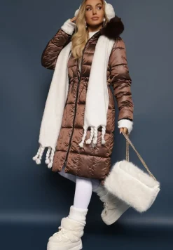 Brązowa Kurtka z Pikowanymi Przeszyciami Ściągaczem w Talii i Kapturem z Odpinanym Futrem Ravalin