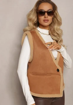 Brązowa Luźna Kamizelka z Ozdobnym Kożuszkiem Barta