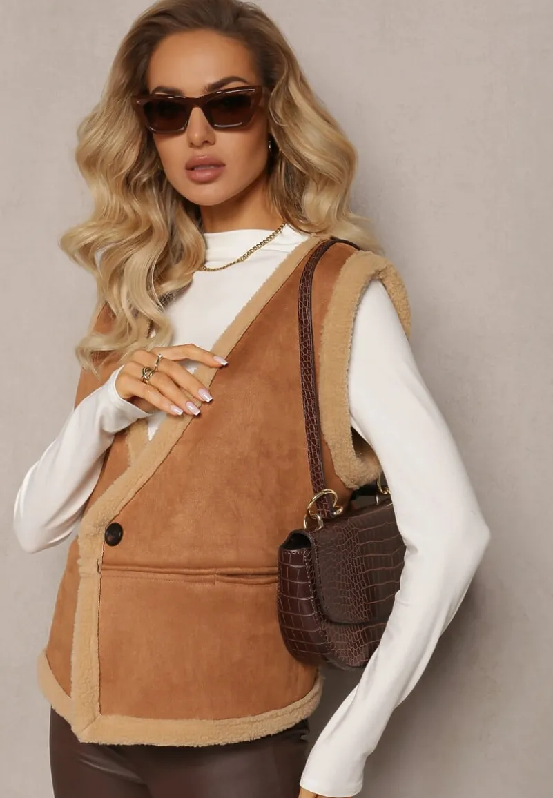 Brązowa Luźna Kamizelka z Ozdobnym Kożuszkiem Barta