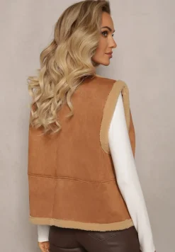 Brązowa Luźna Kamizelka z Ozdobnym Kożuszkiem Barta