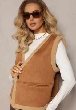 Brązowa Luźna Kamizelka z Ozdobnym Kożuszkiem Barta