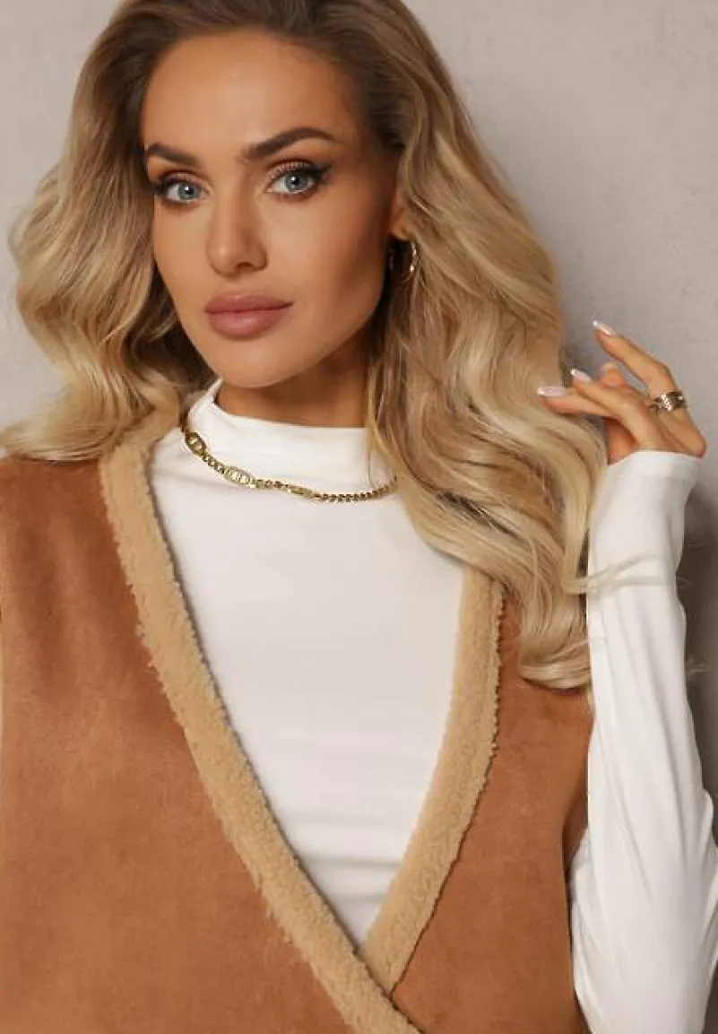 Brązowa Luźna Kamizelka z Ozdobnym Kożuszkiem Barta