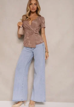 Brązowa Marszczona Bluzka z Wiskozą o Kopertowym Kroju z Krótkim Rękawem Asellina