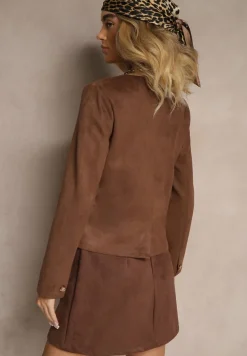 Brązowa Marynarka Bez Klap z Imitacji Zamszu Enalar