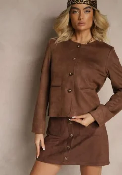 Brązowa Marynarka Bez Klap z Imitacji Zamszu Enalar