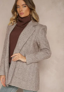 Brązowa Marynarka Bez Zapięć Wyposażona w Poduszki w Ramionach i Kieszenie Avalira