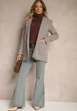 Brązowa Marynarka Bez Zapięć Wyposażona w Poduszki w Ramionach i Kieszenie Avalira