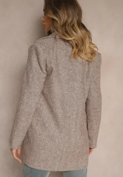 Brązowa Marynarka Bez Zapięć Wyposażona w Poduszki w Ramionach i Kieszenie Avalira