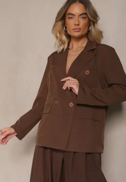 Brązowa Marynarka Dwurzędowa z Usztywnionymi Ramionami Emivori
