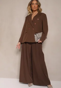 Brązowa Marynarka Dwurzędowa z Usztywnionymi Ramionami Emivori