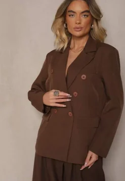 Brązowa Marynarka Dwurzędowa z Usztywnionymi Ramionami Emivori
