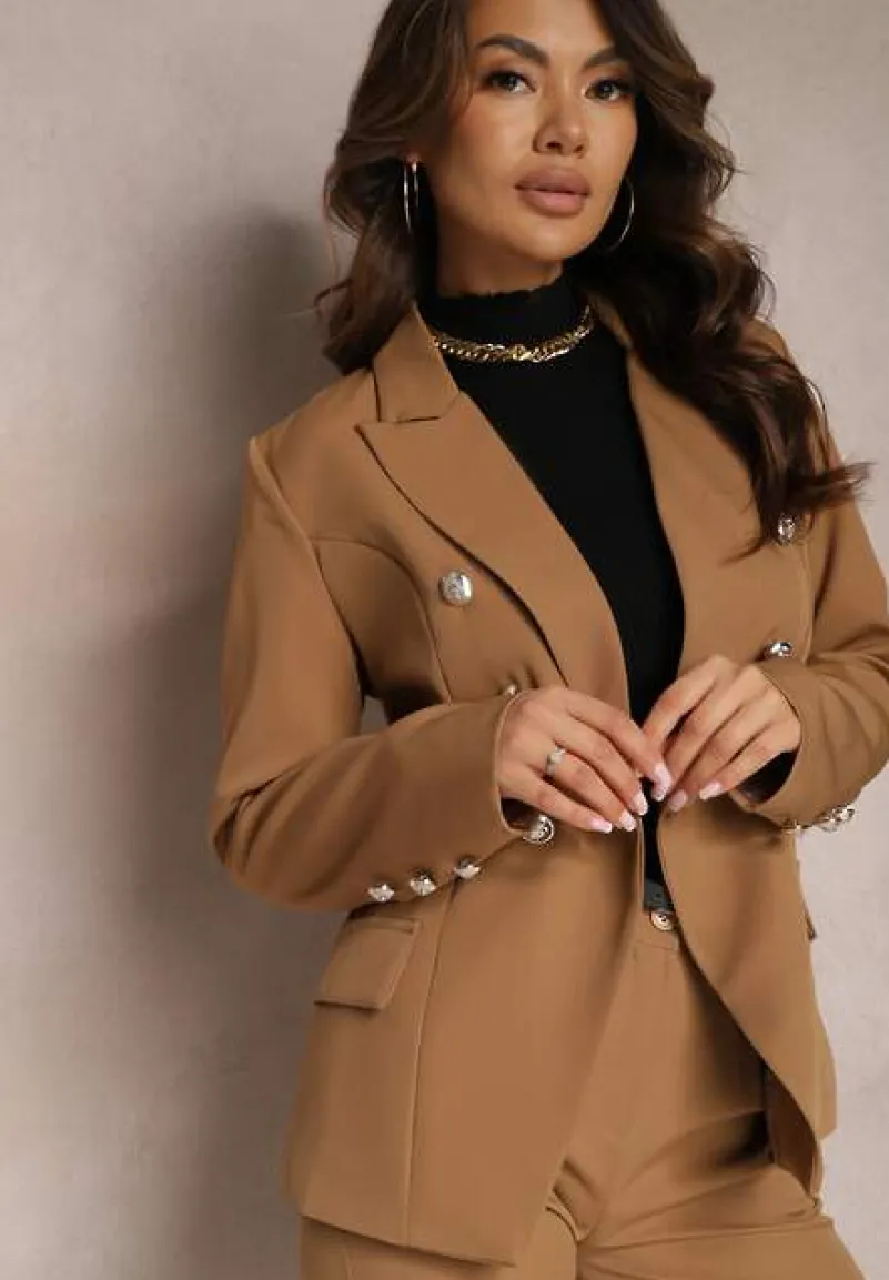 Brązowa Marynarka na Guziki z Poduszkami w Ramionach Ilysane