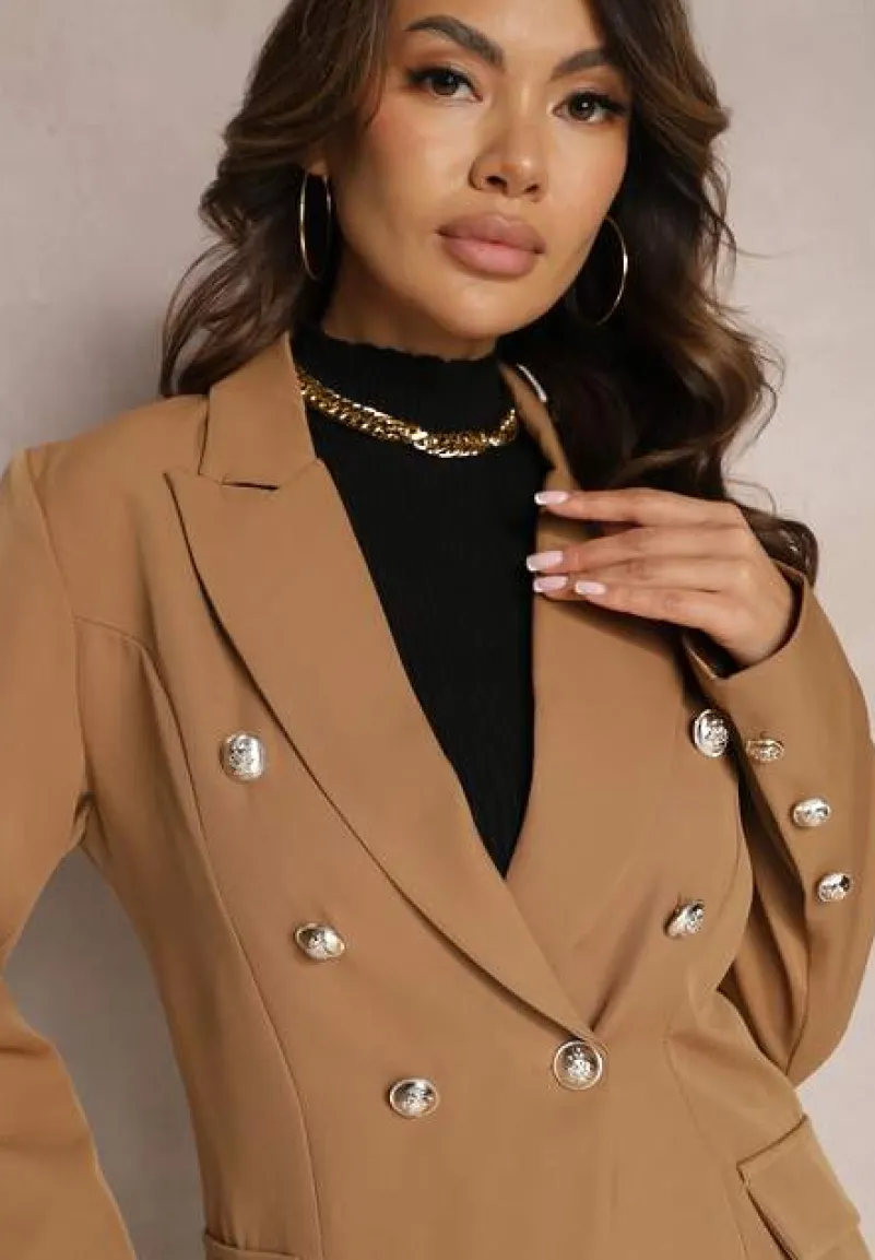 Brązowa Marynarka na Guziki z Poduszkami w Ramionach Ilysane