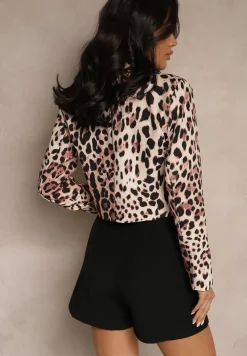 Brązowa Marynarka o Krótkim Dwurzędowym Kroju w Panterkowy Wzór Aletaniel