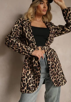 Brązowa Marynarka w Panterkowy Wzór Bez Zapięć z Paskiem i Poduszkami na Ramionach Etanwen