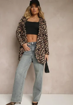 Brązowa Marynarka w Panterkowy Wzór Bez Zapięć z Paskiem i Poduszkami na Ramionach Etanwen