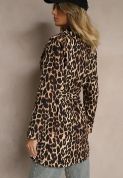 Brązowa Marynarka w Panterkowy Wzór Bez Zapięć z Paskiem i Poduszkami na Ramionach Etanwen
