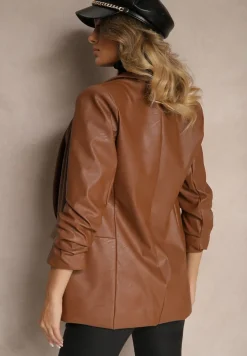 Brązowa Marynarka z Imitacji Skóry Niezapinana z Marszczonym Rękawem Libe