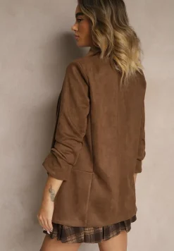Brązowa Marynarka z Imitacji Zamszu z Marszczonym Rękawem 7/8 Dephi