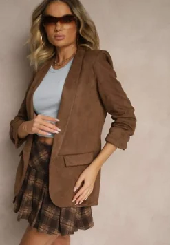 Brązowa Marynarka z Imitacji Zamszu z Marszczonym Rękawem 7/8 Dephi