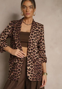 Brązowa Marynarka z Krótszymi Rękawami 3/4 w Panterkę Pudełkowa Tormille