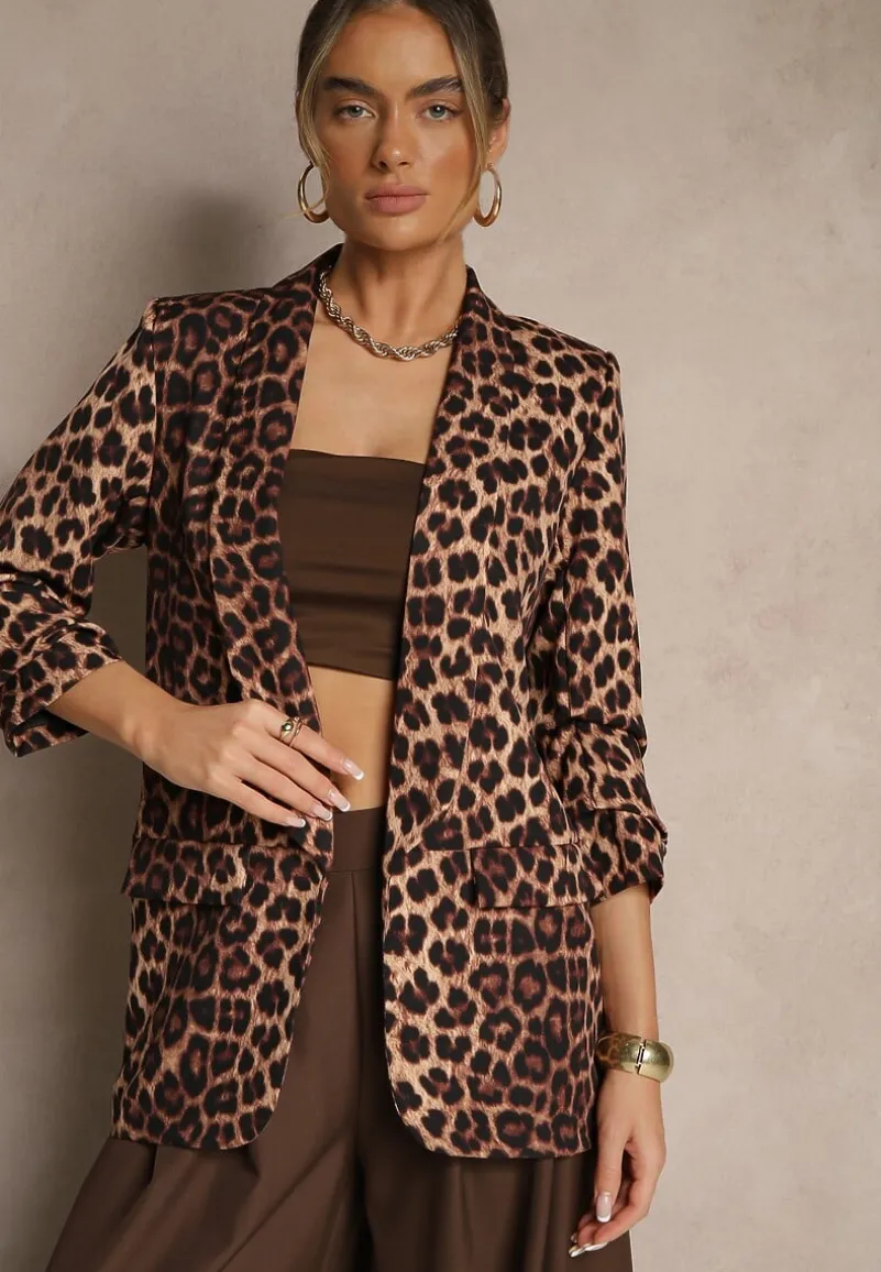 Brązowa Marynarka z Krótszymi Rękawami 3/4 w Panterkę Pudełkowa Tormille