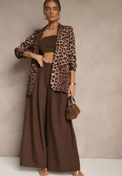 Brązowa Marynarka z Krótszymi Rękawami 3/4 w Panterkę Pudełkowa Tormille