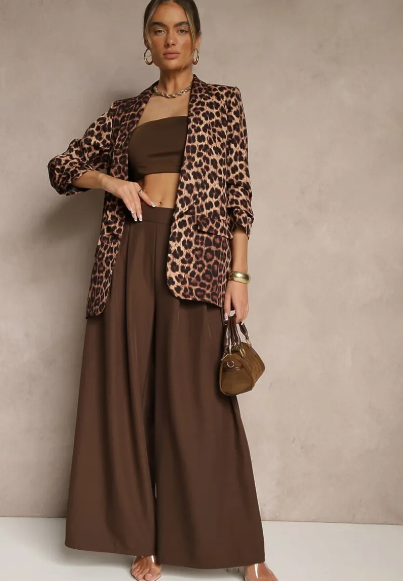 Brązowa Marynarka z Krótszymi Rękawami 3/4 w Panterkę Pudełkowa Tormille