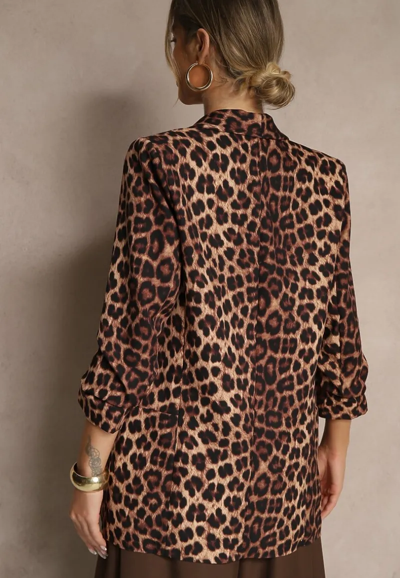 Brązowa Marynarka z Krótszymi Rękawami 3/4 w Panterkę Pudełkowa Tormille