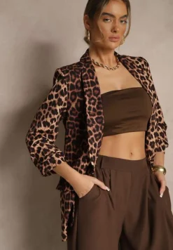 Brązowa Marynarka z Krótszymi Rękawami 3/4 w Panterkę Pudełkowa Tormille
