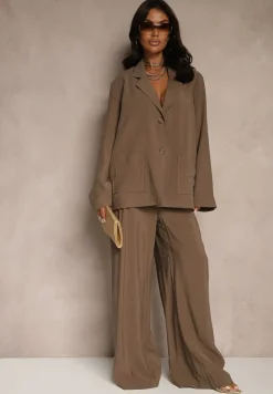 Brązowa Marynarka z Modalu o Pudełkowym Fasonie Oversize z Kieszonkami Maviline