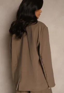 Brązowa Marynarka z Modalu o Pudełkowym Fasonie Oversize z Kieszonkami Maviline