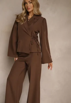 Brązowa Marynarka z Rozszerzanymi Rękawami Zdobiona Wiązaniem z Boku Sanivera