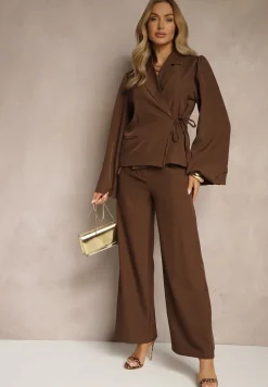 Brązowa Marynarka z Rozszerzanymi Rękawami Zdobiona Wiązaniem z Boku Sanivera