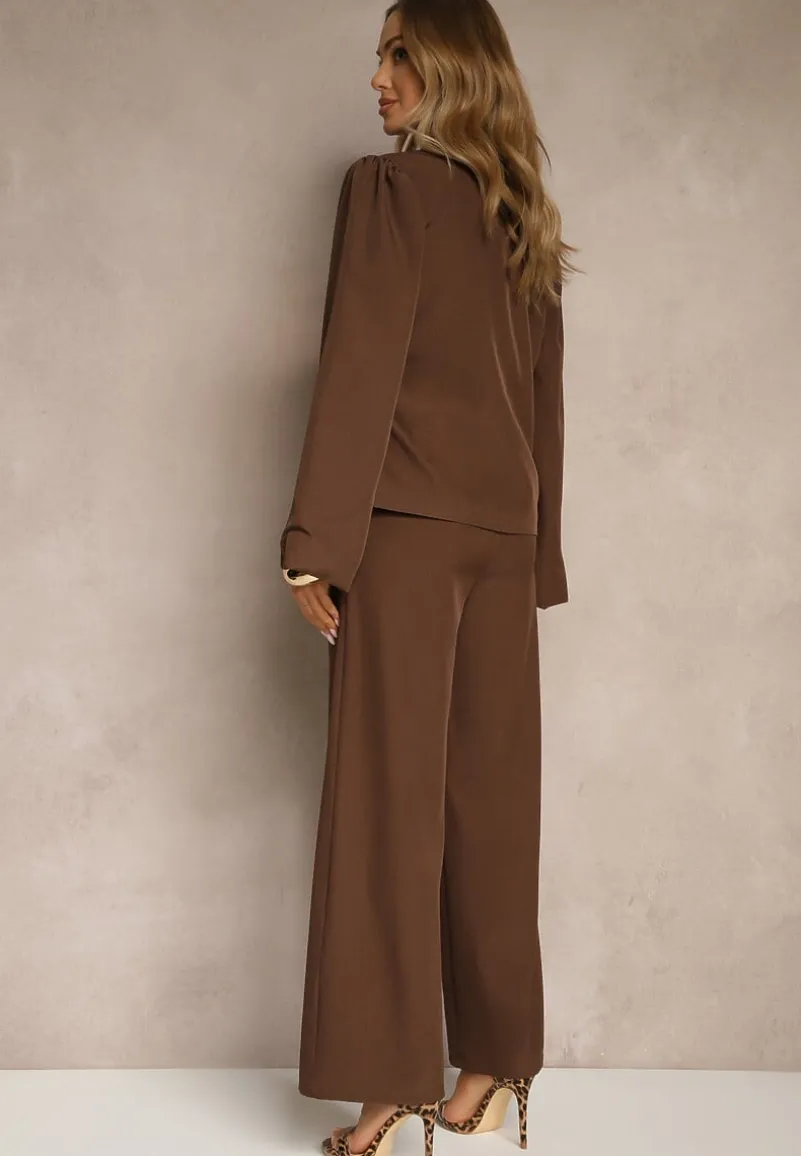 Brązowa Marynarka z Rozszerzanymi Rękawami Zdobiona Wiązaniem z Boku Sanivera