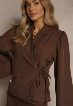 Brązowa Marynarka z Rozszerzanymi Rękawami Zdobiona Wiązaniem z Boku Sanivera